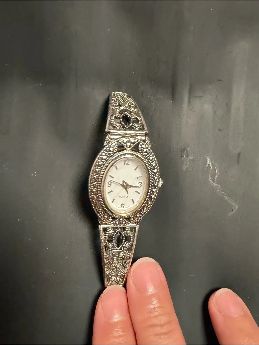 Art Deco Marcasite Silver-Tone Watch – Oval Face – Vintage Ladies